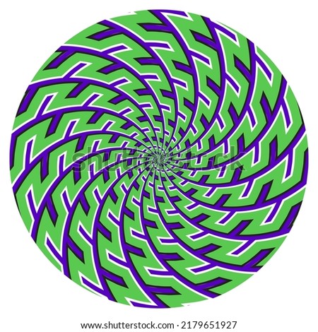 Optical illusion circle of moving colorful spiral pattern. Round template for motion background design.