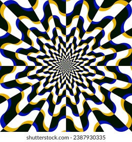Optical illusion circular pattern of wavy golden, blue and black shapes. Vibrating background design for visual meditation