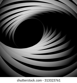 Optical illusion. Converging into a black hole of monochrome metal strip.