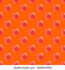 Optical illusion with cosmos flowers. Vector illustration good for the interior design, printing, web and textile design. Seamless texture of floral ornament in orange, red and brown colors.