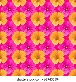 Optical illusion with cosmos flowers. Vector illustration good for the interior design, printing, web and textile design. Seamless texture of floral ornament on a magenta background.