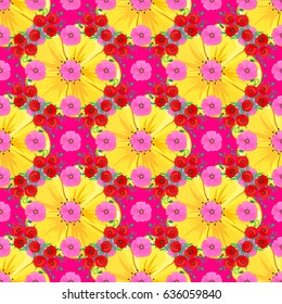Optical illusion with cosmos flowers. Vector illustration good for the interior design, printing, web and textile design. Seamless texture of floral ornament on a magenta background.