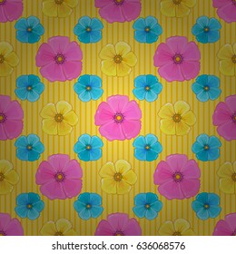 Optical illusion with cosmos flowers. Vector illustration good for the interior design, printing, web and textile design. Seamless texture of floral ornament on a yellow background.