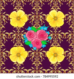 Optical illusion with cosmos flowers. Vector illustration good for the interior design, printing, web and textile design. Seamless texture of floral ornament in purple, yellow and brown colors.