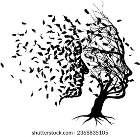 Optical illusion couple tree design with man and womans faces in silhouette. The womans face formed by the tree and mans by leaves blowing in the wind. Could have many meanings as a concept.