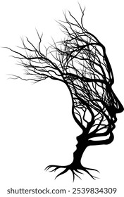 An optical illusion couple tree design with a man and womans faces in silhouette. The mans face is formed by the tree and the womans by the negative space. Could have many meanings as a concept.