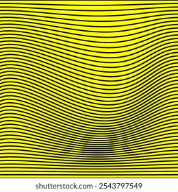 uma ilusão ótica criada com linhas horizontais pretas onduladas sobre um fundo amarelo vibrante. As linhas variam em curvatura, dando uma sensação de movimento ou profundidade como se a superfície fosse ondulada.