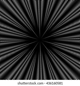 Optical illusion, creative black and white graphic moire backdrop. Decorative lined hypnotic vector contrast background. 