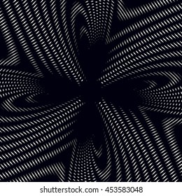 Optical illusion, creative black and white graphic moire backdrop. Decorative lined hypnotic contrast vector background. 