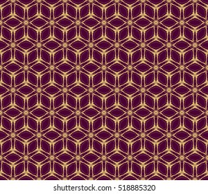 Optical illusion cube pattern. Seamless geometry design. gold on blue. Vector illustration.