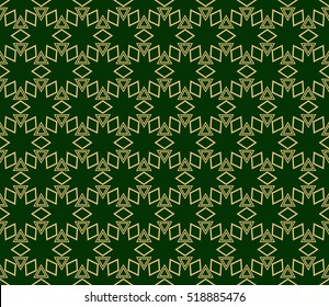 Optical illusion cube pattern. Seamless. gold on green. Vector art.