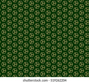 Optical illusion cube pattern. Seamless. gold on green. Vector art.