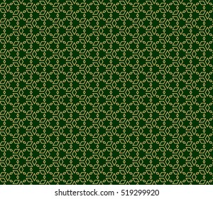 Optical illusion cube pattern. Seamless. gold on green. Vector art.
