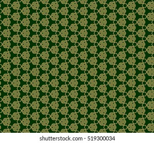 Optical illusion cube pattern. Seamless. gold on green. Vector art.