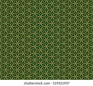 Optical illusion cube pattern. Seamless. gold on green. Vector art.