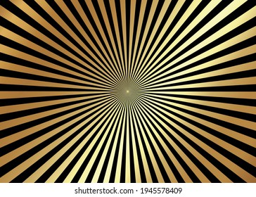 Optical illusion. Deception. Abstract futuristic background from black and gold stripes. Vector illustration radial lines, starburst, sunburst, circular pattern Op Art fractal style cover template