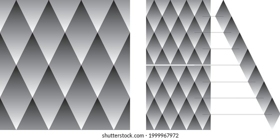 Ilusión óptica - las formas de diamante parecen ser más oscuras en la fila inferior que los diamantes de la fila superior aunque son el mismo gris degradado - explicación en la derecha