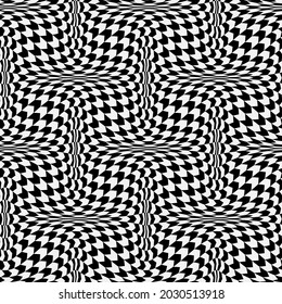 Optical illusion distorted black and white arrow seamless pattern. Psychedelic wavy monochrome repeatable texture. Scroll up and down to watch illusion effect.