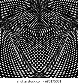 Optical illusion of distorted kaleidoscopic surface. Stylized 3d tunnel. Abstract twisted black and white background. Vector illustration. Linear ornament. Design element for web, paper, wallpaper.