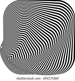 Optical illusion of distorted surface. Twisted stripes. Stylized 3d tunnel. Abstract twisted black and white background. Vector illustration. Linear ornament. Design element for web, paper, wallpaper.