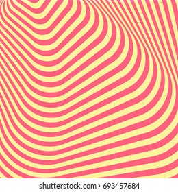 Optical illusion of distorted surface. Twisted red and yellow stripes. Abstract twisted retro background. Vector wavy ornament. Creative vintage design element for web, paper, wallpaper, flyer. 