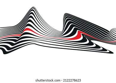 La ilusión óptica distorsionó la ola. Resumen de diseño vectorial de franjas horizontales. Patrón surrealista. cal negra y una sola línea roja