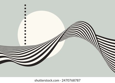 Optical illusion of a distorted wave. Abstract horizontal black and white stripes.