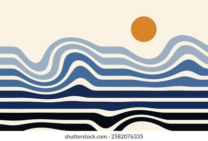 Optical illusion distorted wave with sun. Abstract horizontal stripes vector design. Surreal Pattern.