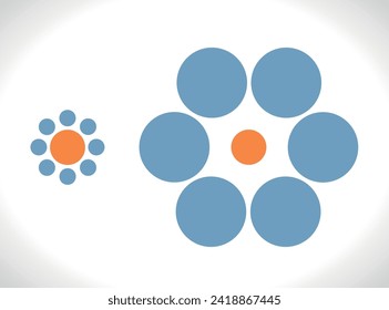 Optical illusion. Ebbinghaus illusion. Orange circles of the same size. Vector education illustration