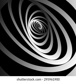 Optical illusion. The elongated striped ellipse composed of dark gray and light gray monochrome ribbons intertwined and is converted into a single spiral, shyly hiding away.
