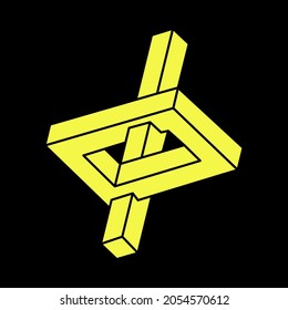 Optical illusion. Escher style. Impossible shapes. Linear infinite object. Abstract eternal geometric figures. Impossible geometry sign outline, black background. Optical art.