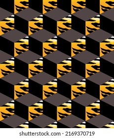 Ilusión óptica ejecutada en forma de cubos 3d con textura de piel de tigre. Patrón de impresión textil de moda sin inconvenientes. Diseño moderno y popular para decoración casera, cubierta, tela, papel pintado, superficie. Vector.