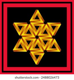 Optical illusion executed in form of hexagon made of twelve impossible gold triangles. Framed bright pattern on black background for bandanas etc. Can be used as base for seamless print. Vector.