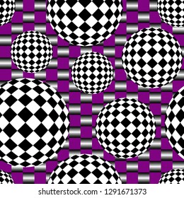 Optical illusion executed in the form of spheres. Abstract seamless background in a violet, black and white palette. Creative design for postcard, textile, packing and more. 3d effect. Style op art.