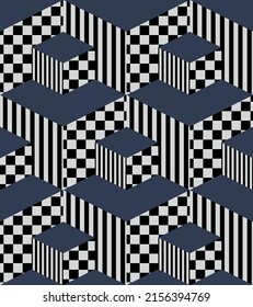 Optical illusion executed in the form of unusual checkered and striped cubes. Abstract seamless background. Op art, pop art styles. For cover, card, textile. Vector illustration.