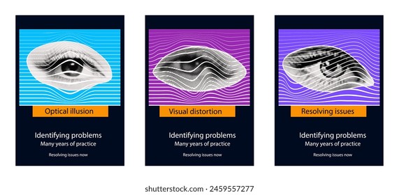 Optical illusion of the eyes, vision distortion, identifying problems, poster. Contemporary collage art, visual distortion concept, visual impairment. Female eye, wavy abstract shapes. Vector halftone