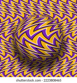 Optical illusion of falling sphere with zigzag deformed striped pattern on same patterned background.