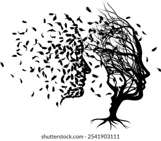Optical illusion family tree. Father man, mother woman and child faces. Tree forms womans or mothers face, child formed by the negative space and fathers or mans by leaves. Many meanings as a concept.
