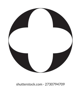 Optical illusion featuring a black circle with a white cross shape inside
