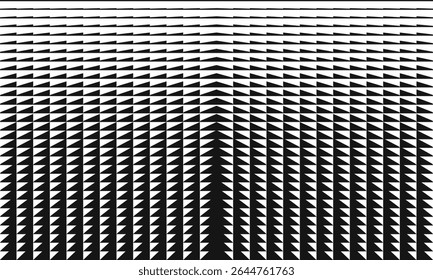 Ilusão óptica com padrões triangulares em preto e branco criando um efeito de profundidade hipnotizante que lembra ondas ou movimento