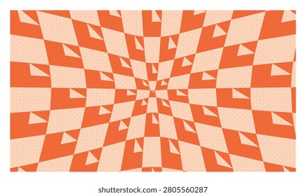 Optical illusion featuring distorted orange and beige checkered grid creates dynamic perspective motion background art.
