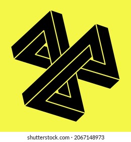 Ilusión óptica. Formas imposibles. Resumen de objeto geométrico eterno. Arte óptico. Imposible símbolo de geometría sobre fondo amarillo. 
