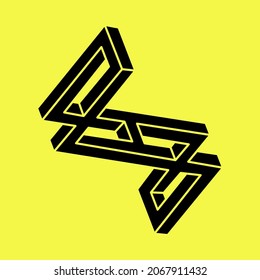 Ilusión óptica. Formas imposibles. Geometría sagrada. Resumen de objeto geométrico eterno. Imposible contorno interminable. Arte óptico. Forma de geometría imposible sobre un fondo amarillo. 