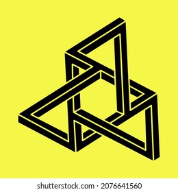 Ilusión óptica. Formas imposibles. Geometría sagrada. Resumen de objetos geométricos eternos. Formas de contorno interminables imposibles. Arte óptico. Forma de geometría imposible sobre un fondo amarillo. 