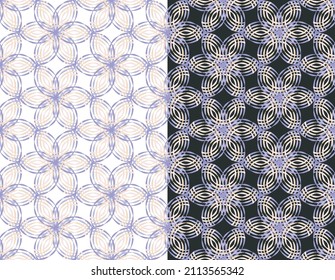 Optical illusion floral seamless pattern. Hand drawn ink brush line ornament. Creative retro futuristic background in lilac, very peri tones color palette. Transparent backdrop. Vector illustration