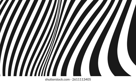 Optical Illusion With Flowing Black And White Stripes, Elegant Abstract Design Ideal For Modern Posters, Fashion, And Minimalist Branding. Vector Illustration.