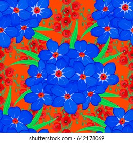 Optical illusion with forget-me-not flowers. Vector illustration good for the interior design, printing, web and textile design. Seamless texture of floral ornament on a orange background.