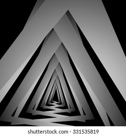 Optical illusion in the form of decreasing volumetric fractal monochrome triangles, forming a narrow corridor.