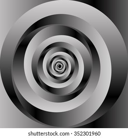 Optical illusion in the form of a narrow circular metal monochrome fractal spiral stretching into the distance.