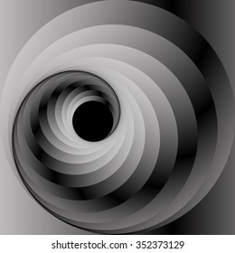 Optical illusion in the form of a narrow circular metal monochrome fractal spiral stretching into the distance.